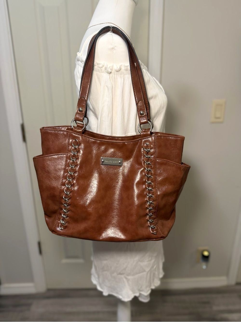 Franco Sarto Brown Faux Leather Tote Shoulder Bag Chain Woven Detail
